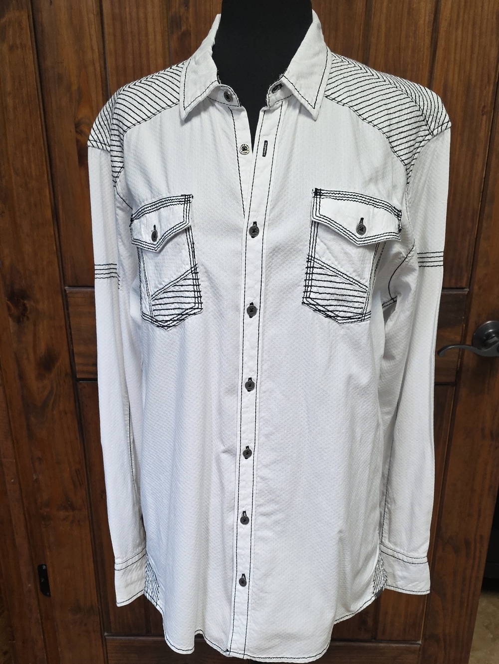 Buckle Black White Button-Down Shirt with Black Contrast Stitching - Size XL